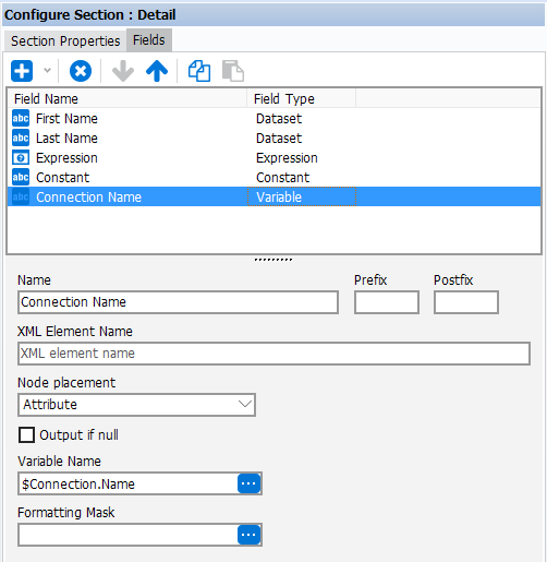 This image shows the Fields tab selected when adding a Variable Field.  Fields exist for entering Field Name, width, alignment, prefix, postfix, Formatting Mask, and the Variable Name.